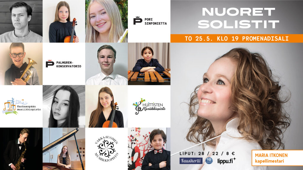 Nuorten solistien kuvat ja kapellimestari Maria Itkonen.