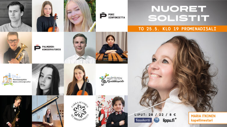 Nuorten solistien kuvat ja kapellimestari Maria Itkonen.